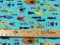 Preview: Patchworkstoff  Fische bunt aqua türkis Detailansicht mit Maß